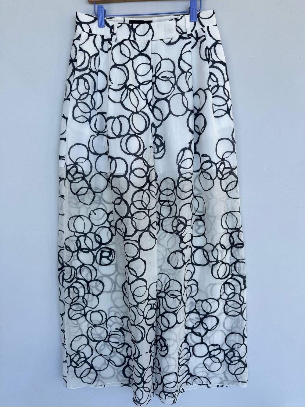 Rochas Italy Silk Cotton  Wide-Leg Pants with Black Circle Print